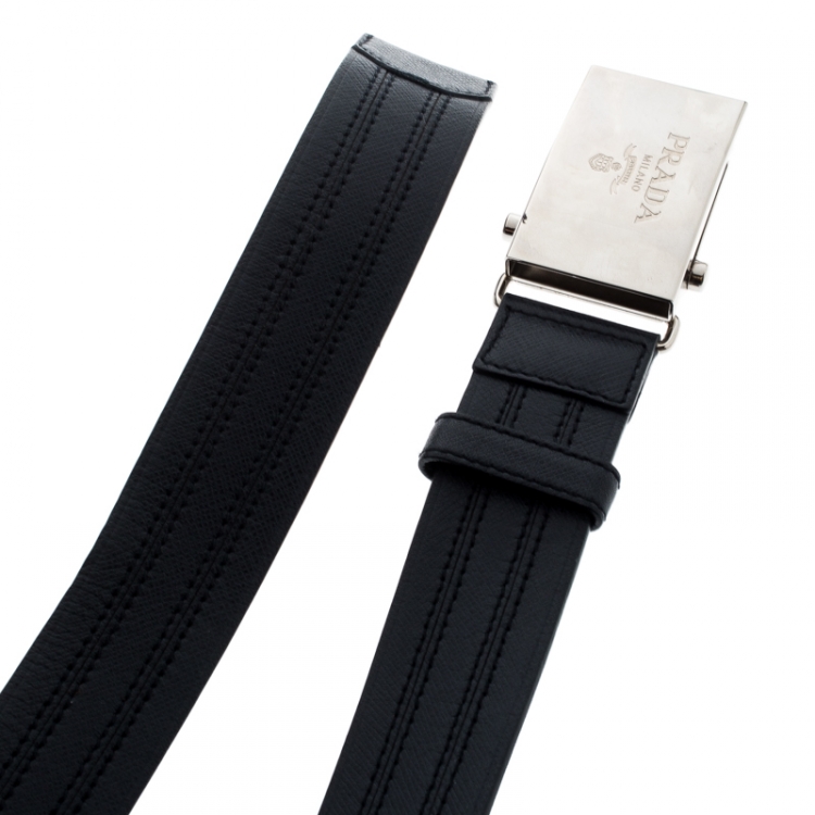Pre Owned Prada Navy Blue Leather Military Belt 90CM