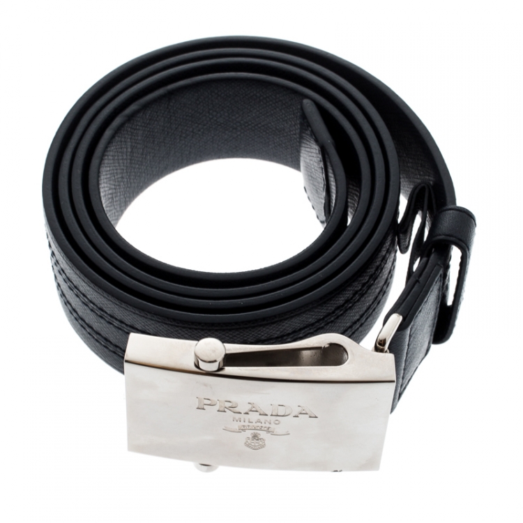 Pre Owned Prada Navy Blue Leather Military Belt 90CM