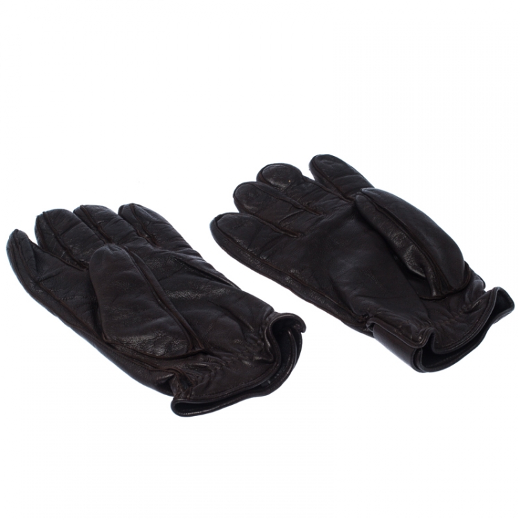 Pre Owned Prada Dark Brown Leather Cashmere Lining Gloves