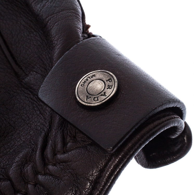 Pre Owned Prada Dark Brown Leather Cashmere Lining Gloves
