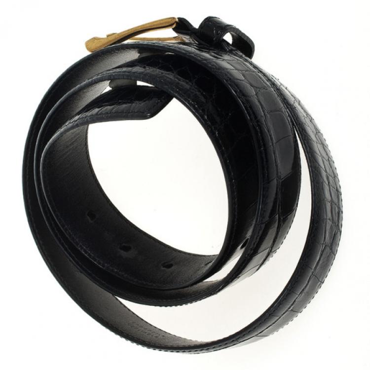 Pre Owned Prada Black Patent Crocodile Leather Belt 95 CM