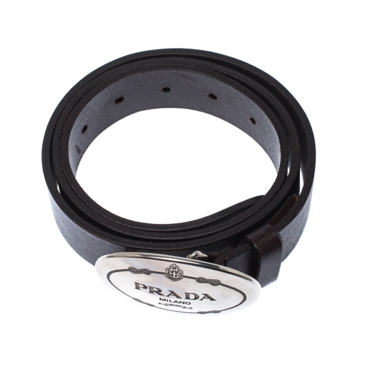 Pre Owned Prada Dark Brown Leather Logo Plague Belt 90CM