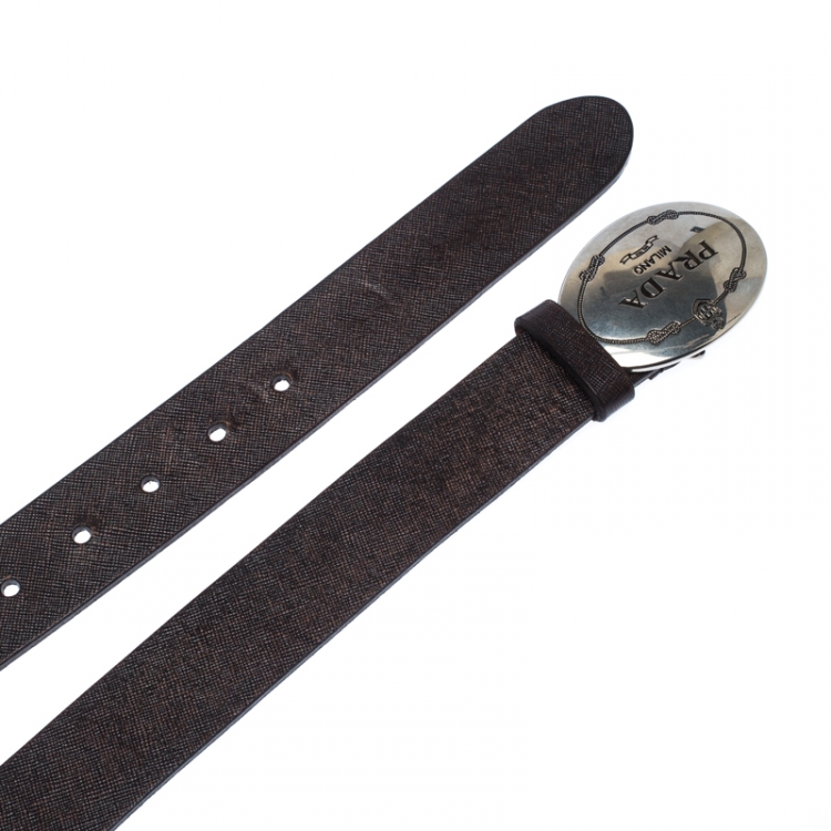 Pre Owned Prada Dark Brown Leather Logo Plague Belt 90CM
