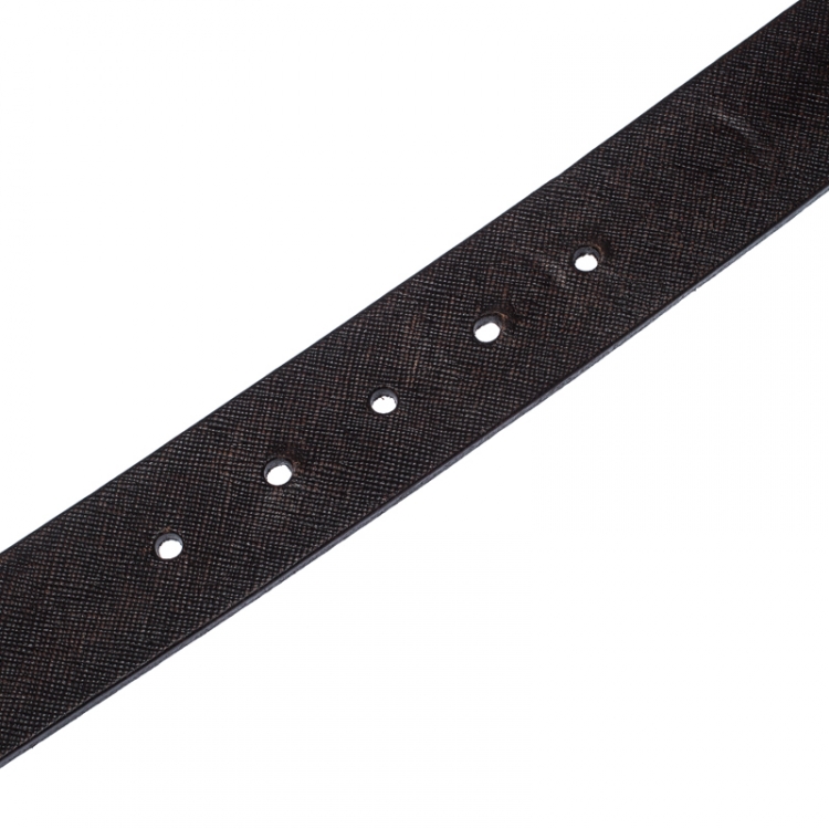 Pre Owned Prada Dark Brown Leather Logo Plague Belt 90CM