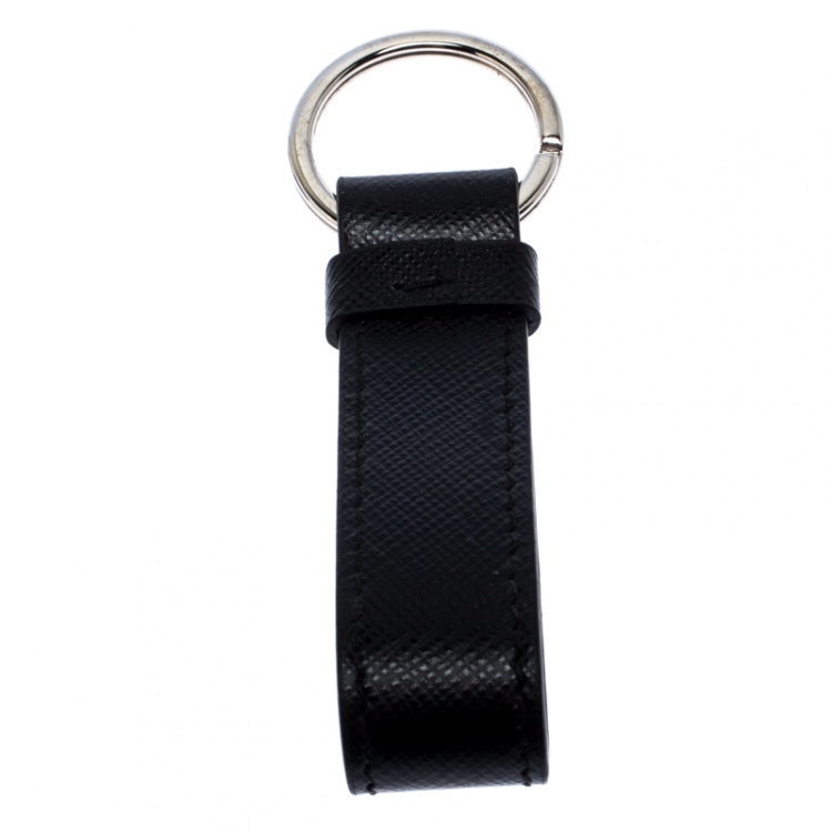 Pre Owned Prada Black Saffiano Leather Logo Key Chain