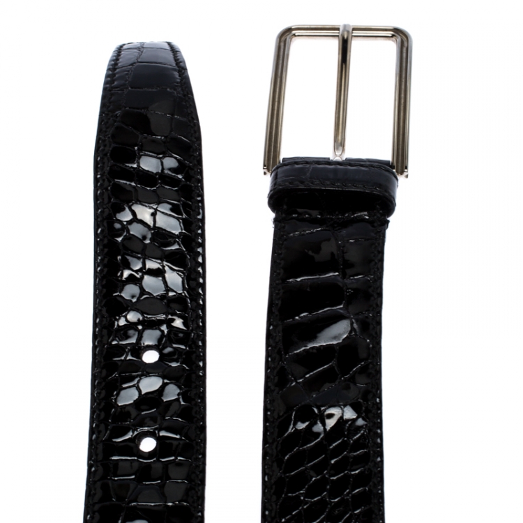 Pre Owned Prada Black Croc Embossed Patent Leather Buckle Belt 95CM