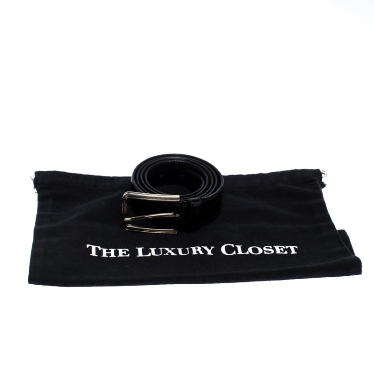 Pre Owned Prada Black Croc Embossed Patent Leather Buckle Belt 95CM