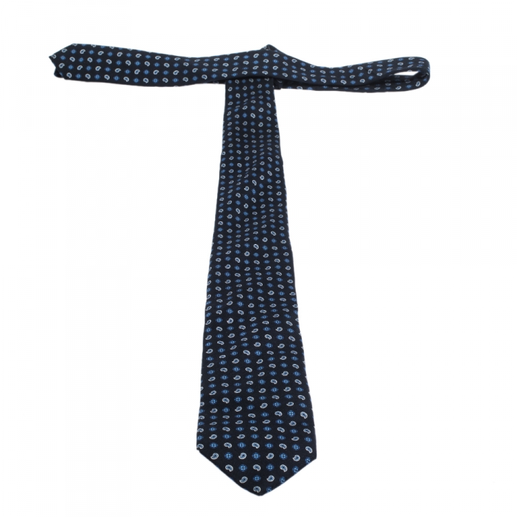 Pre Owned Prada Navy Blue Paisley Print Classic Silk Tie