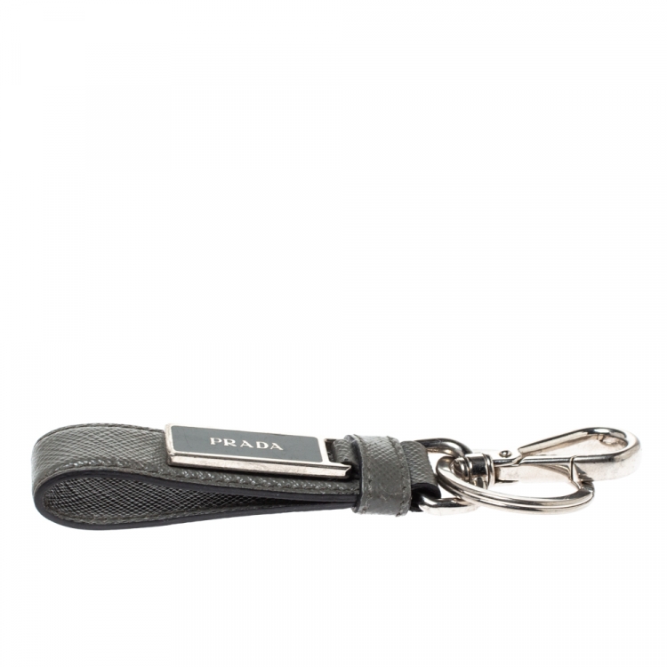 Pre Owned Prada Grey Saffiano Leather Logo Plague Key Ring