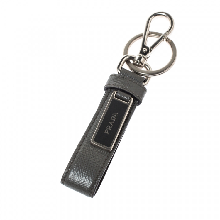 Pre Owned Prada Grey Saffiano Leather Logo Plague Key Ring