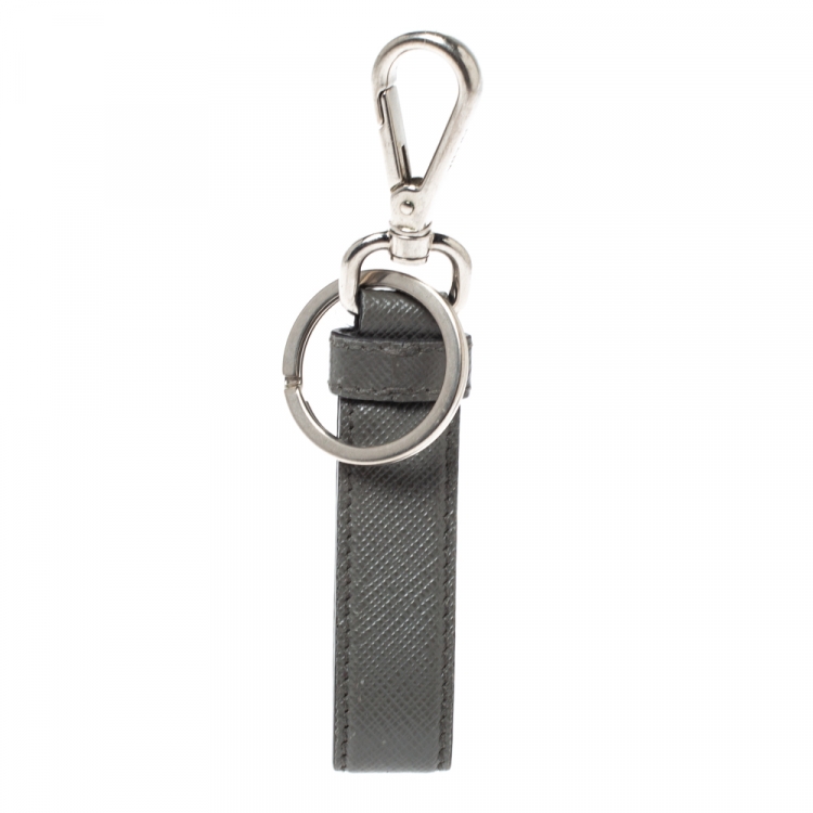 Pre Owned Prada Grey Saffiano Leather Logo Plague Key Ring