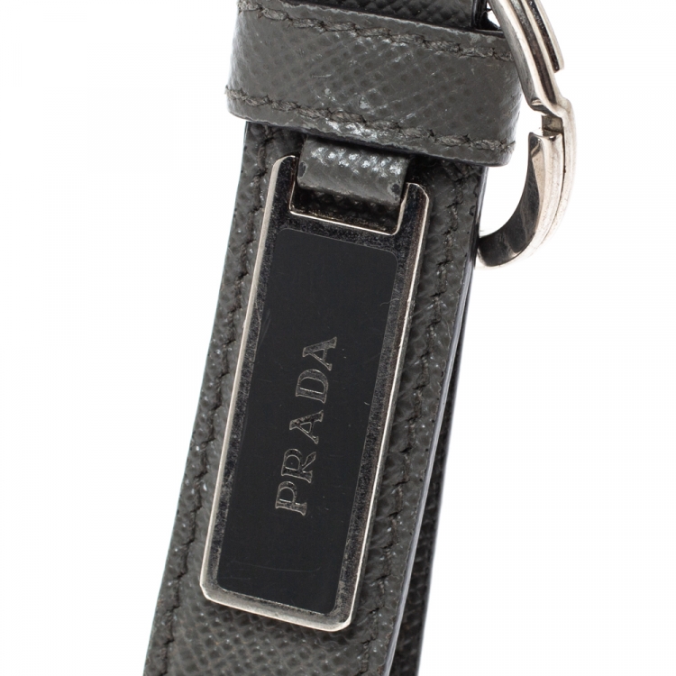Pre Owned Prada Grey Saffiano Leather Logo Plague Key Ring