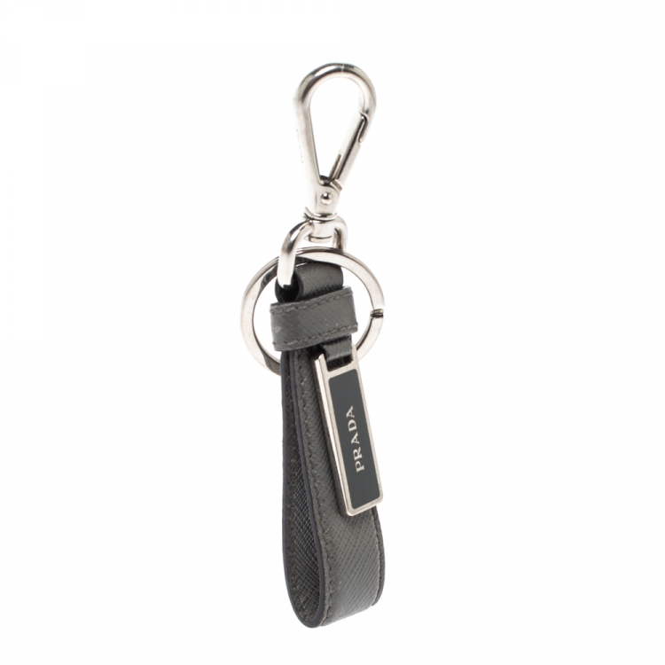 Pre Owned Prada Grey Saffiano Leather Logo Plague Key Ring