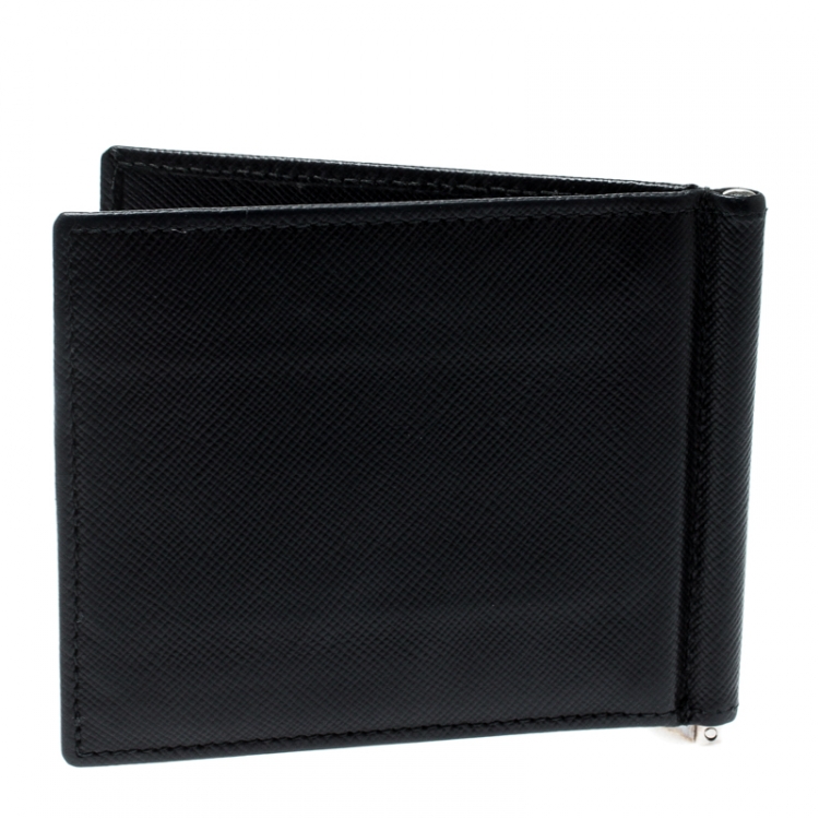 Pre Owned Prada Black Saffiano Leather Money Clip Bi-fold Wallet