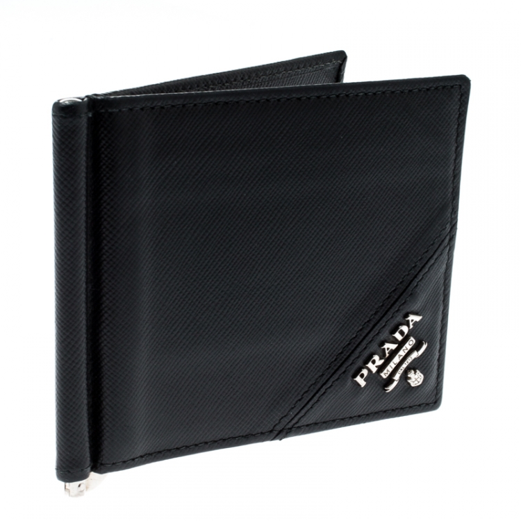 Pre Owned Prada Black Saffiano Leather Money Clip Bi-fold Wallet