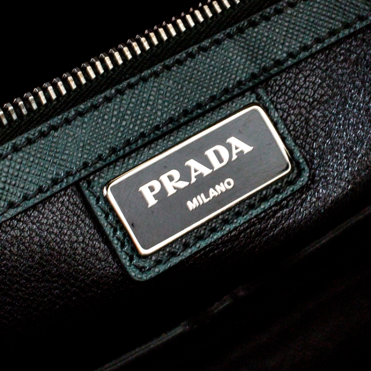 Pre Owned Prada Dark Green Leather Classic Laptop Bag