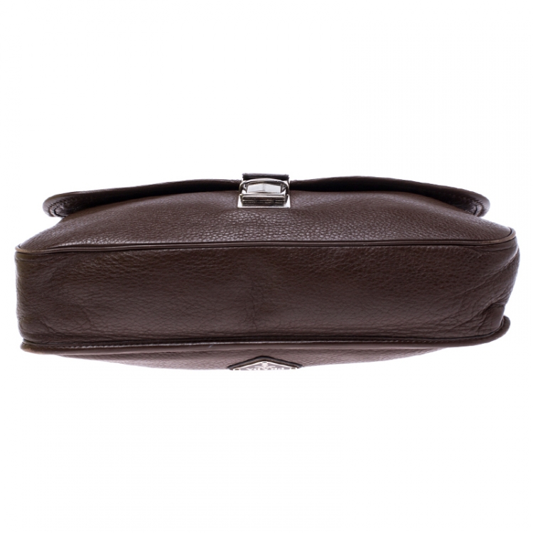 Pre Owned Prada Dark Brown Leather Push Lock Flap Messenger Bag