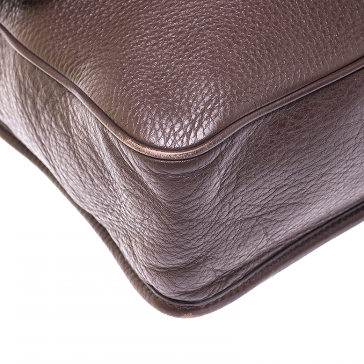 Pre Owned Prada Dark Brown Leather Push Lock Flap Messenger Bag