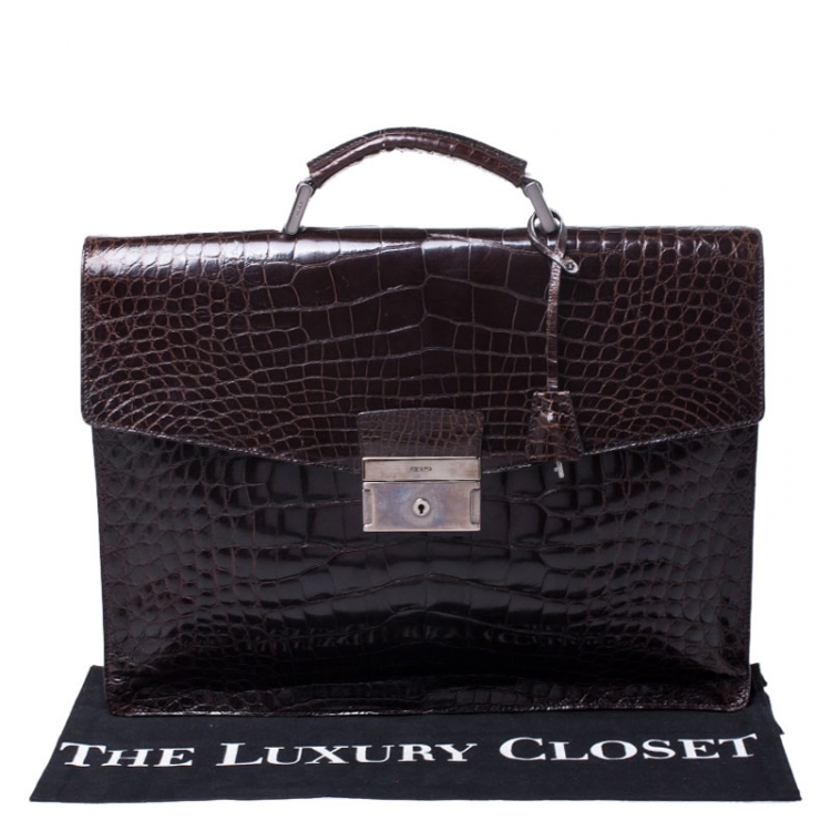 Pre Owned Prada Dark Brown Crocodile Briefcase   