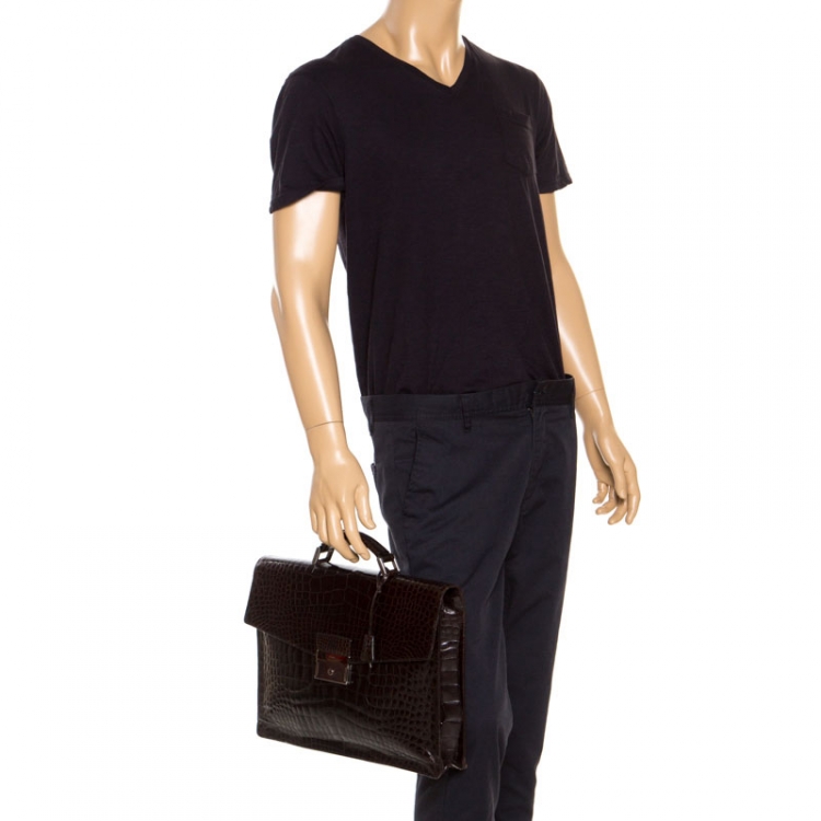 Pre Owned Prada Dark Brown Crocodile Briefcase   