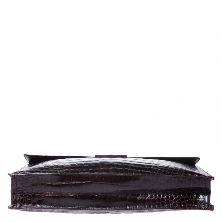 Pre Owned Prada Dark Brown Crocodile Briefcase   