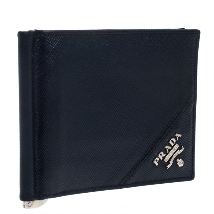Pre Owned Prada Navy Blue Leather Money Clip Wallet
