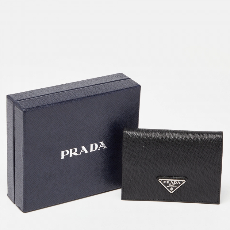 Pre Owned Prada Black Saffiano Leather Logo Flap Card Case