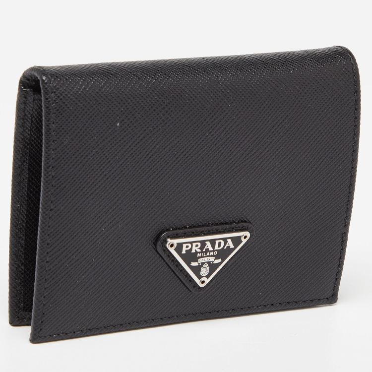 Pre Owned Prada Black Saffiano Leather Logo Flap Card Case