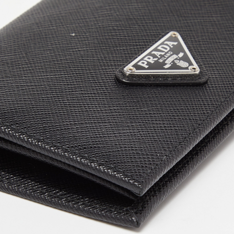 Pre Owned Prada Black Saffiano Leather Logo Flap Card Case