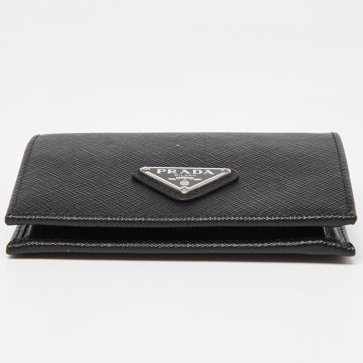 Pre Owned Prada Black Saffiano Leather Logo Flap Card Case
