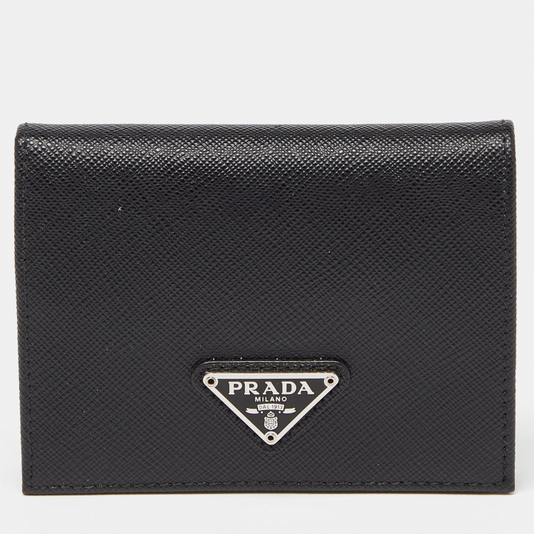 Pre Owned Prada Black Saffiano Leather Logo Flap Card Case