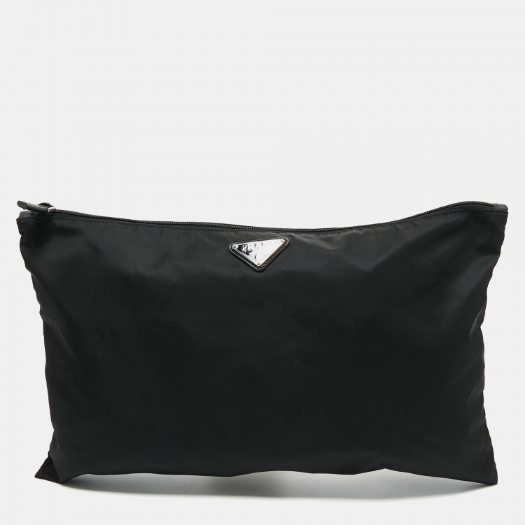 Pre Owned Prada Black Nylon and Leather Logo Slim Pouch 