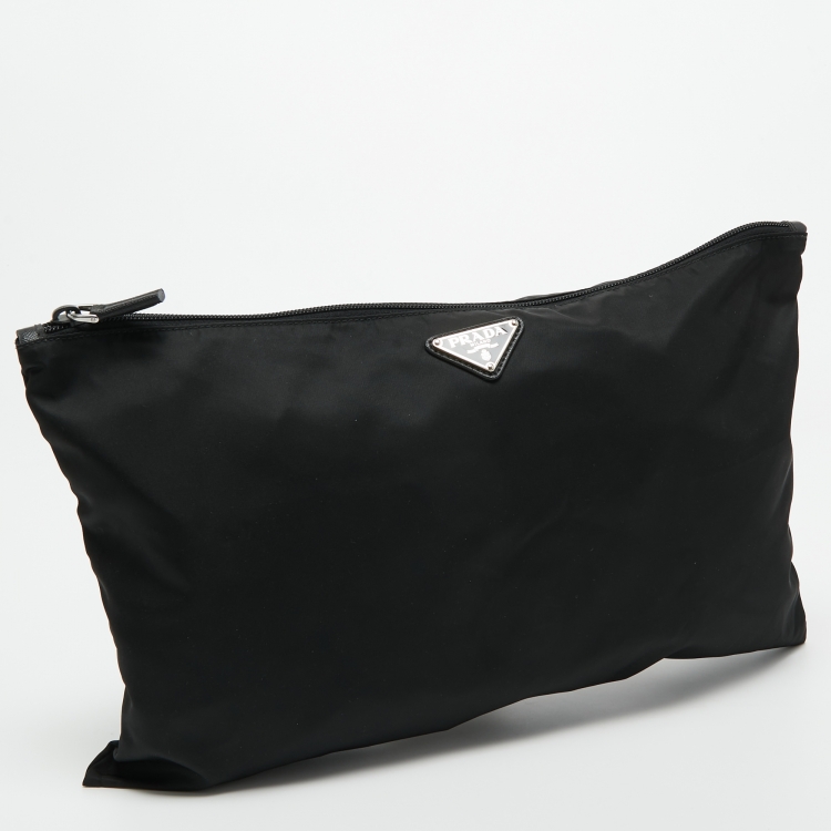 Pre Owned Prada Black Nylon and Leather Logo Slim Pouch 