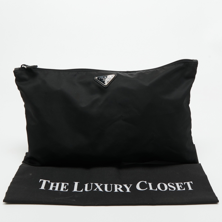 Pre Owned Prada Black Nylon and Leather Logo Slim Pouch 