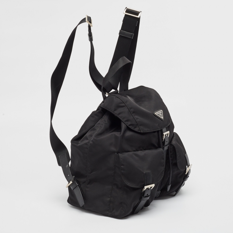 Pre Owned Prada Black Nylon Double Pocket Drawstring Backpack