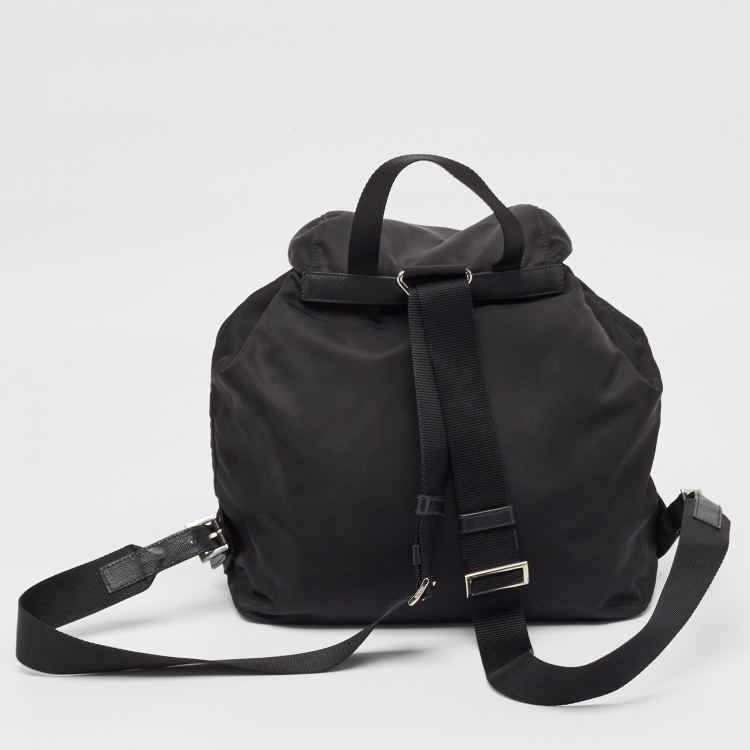 Pre Owned Prada Black Nylon Double Pocket Drawstring Backpack