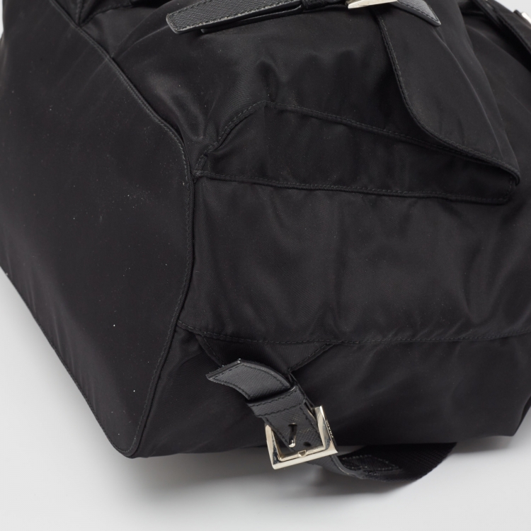 Pre Owned Prada Black Nylon Double Pocket Drawstring Backpack