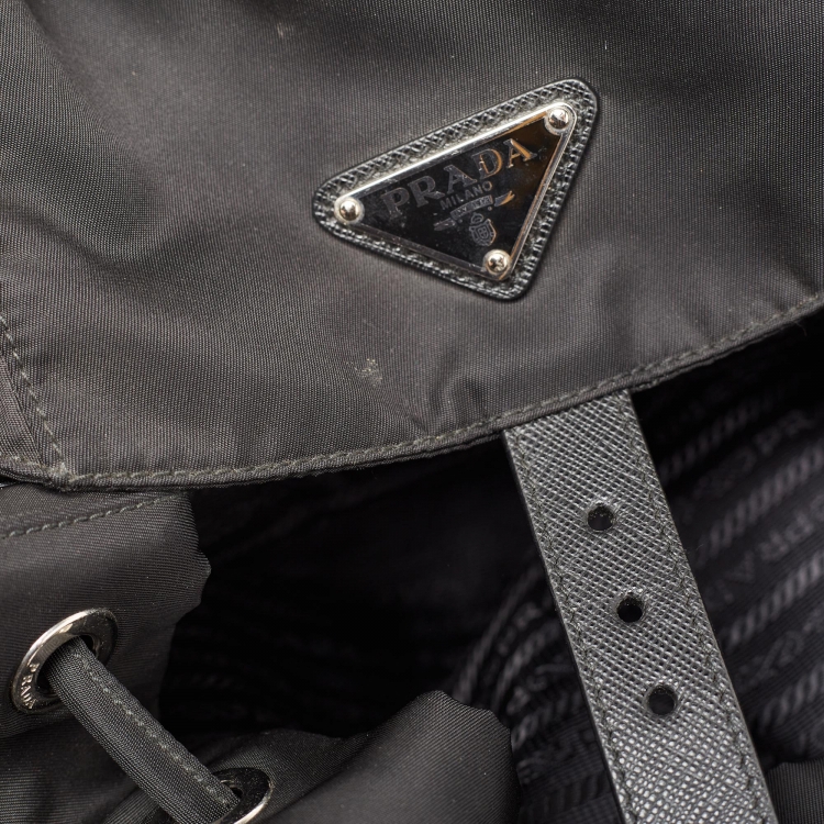 Pre Owned Prada Black Nylon Double Pocket Drawstring Backpack
