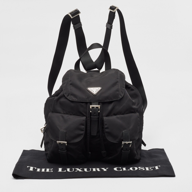 Pre Owned Prada Black Nylon Double Pocket Drawstring Backpack