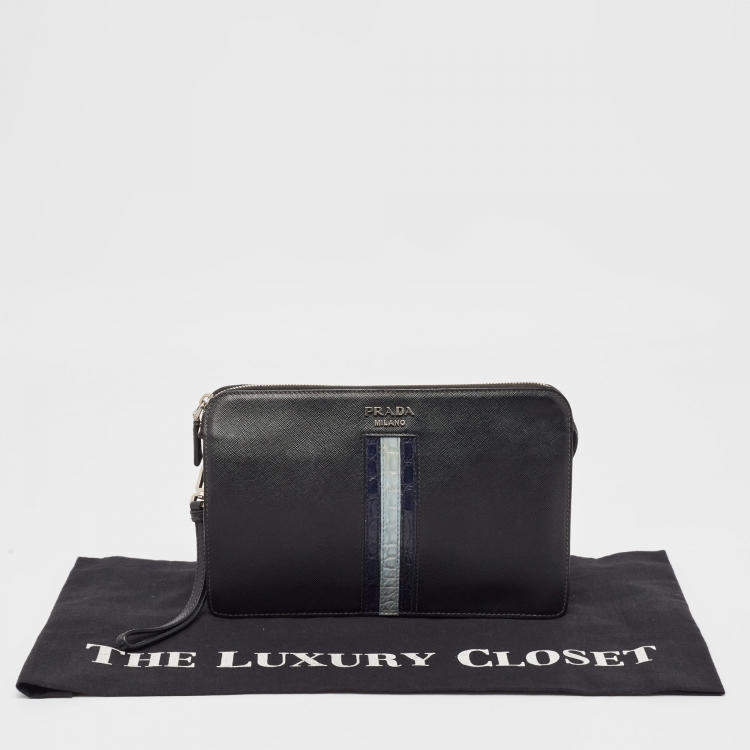 Pre Owned Prada Black Saffiano Leather and Alligator Zip Pouch