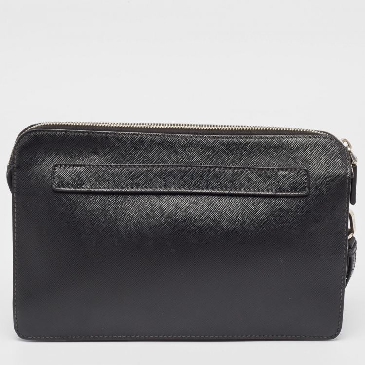 Pre Owned Prada Black Saffiano Leather and Alligator Zip Pouch