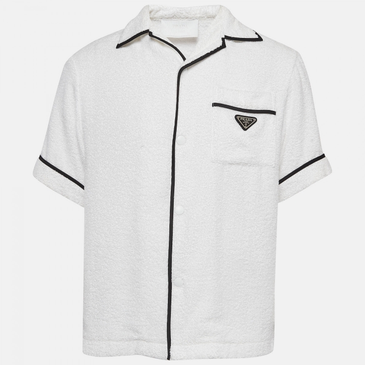 Pre Owned Prada White Terry Cotton Logo Detail Bowling Shirt XS