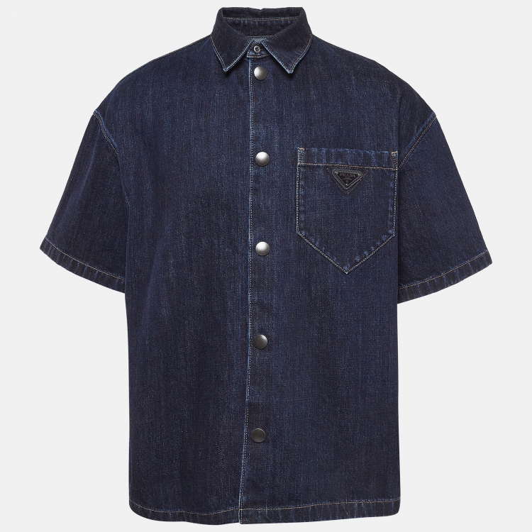 Pre Owned Prada Indigo Blue Denim Logo Plaque Detail Bowling Shirt XL