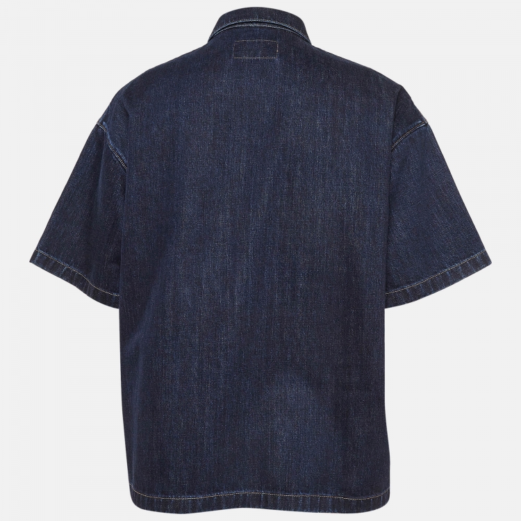 Pre Owned Prada Indigo Blue Denim Logo Plaque Detail Bowling Shirt XL