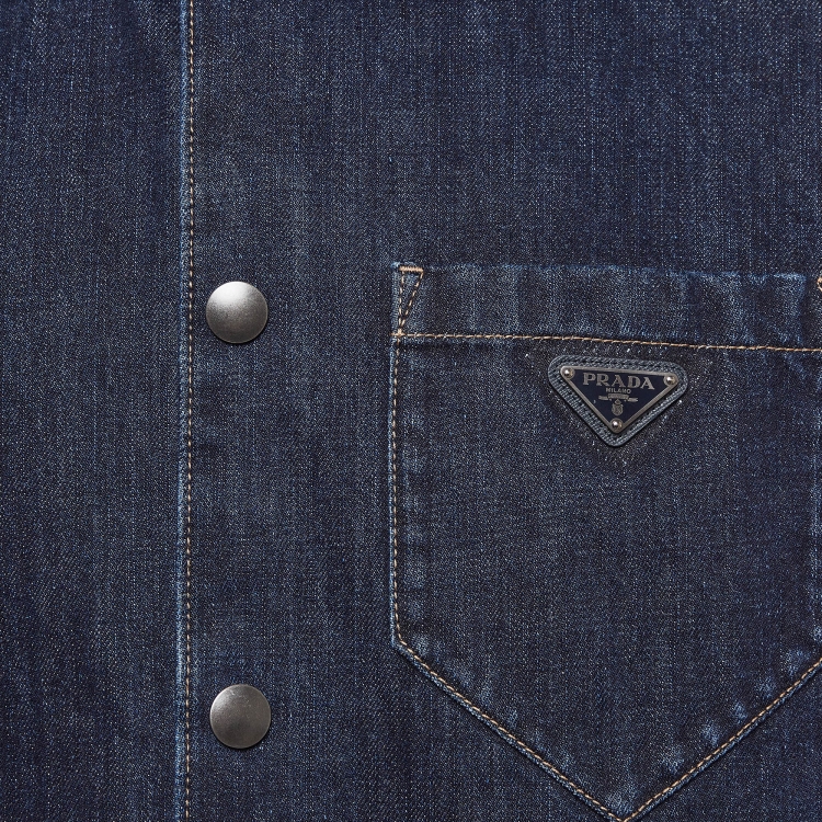Pre Owned Prada Indigo Blue Denim Logo Plaque Detail Bowling Shirt XL