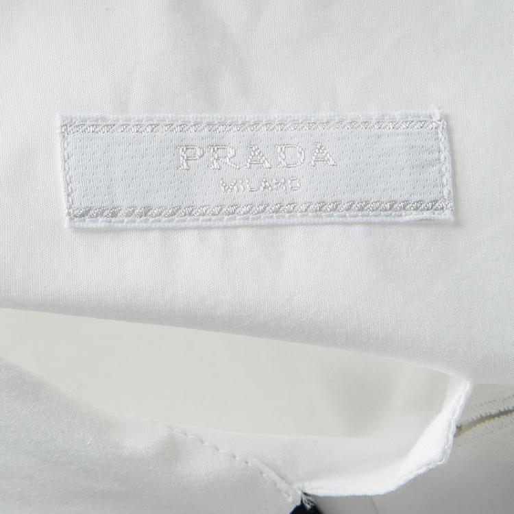Pre Owned Prada White Cotton Contrast Striped Bottom Short Sleeve Button Front Shirt L