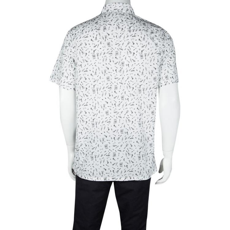 Pre Owned Prada White Printed Cotton Short Sleeve Button Front Shirt L
