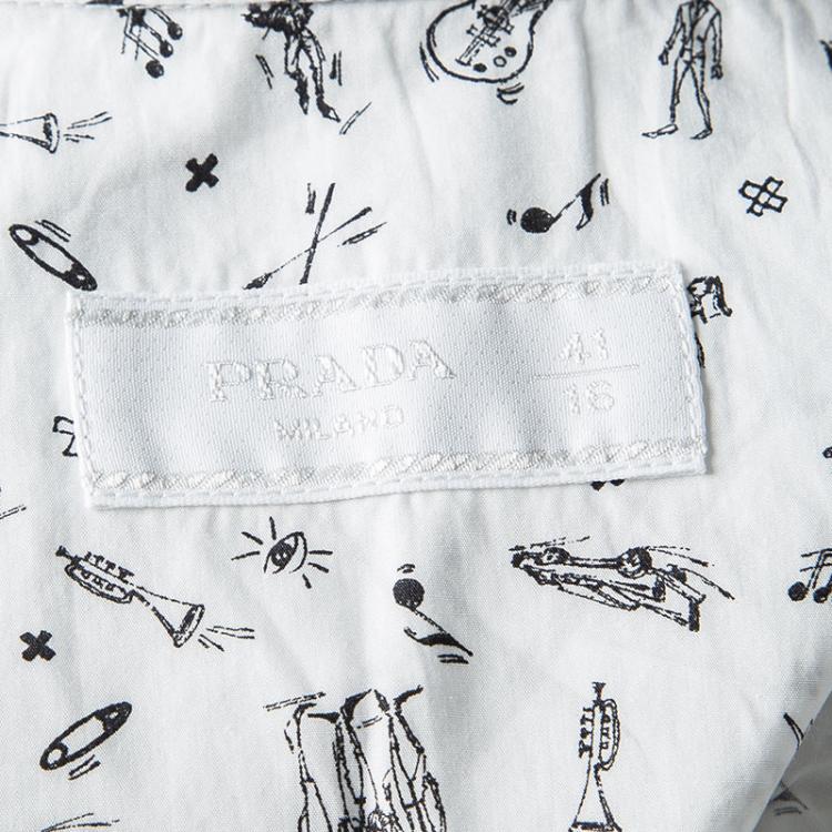 Pre Owned Prada White Printed Cotton Short Sleeve Button Front Shirt L