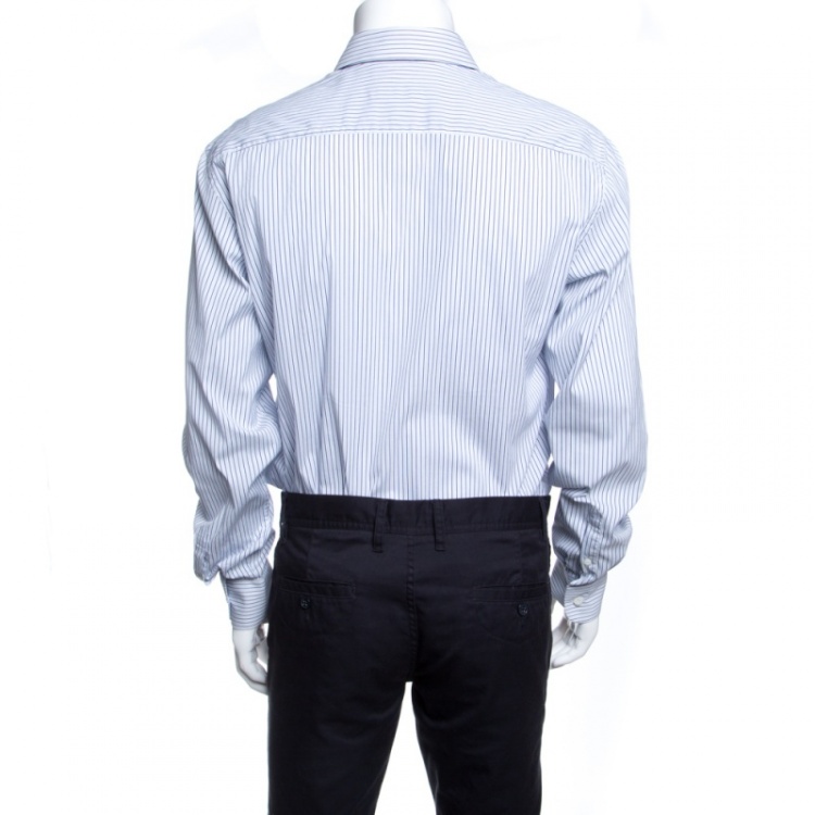 Pre Owned Prada White and Blue Striped Button Front Long Sleeve Shirt XL
