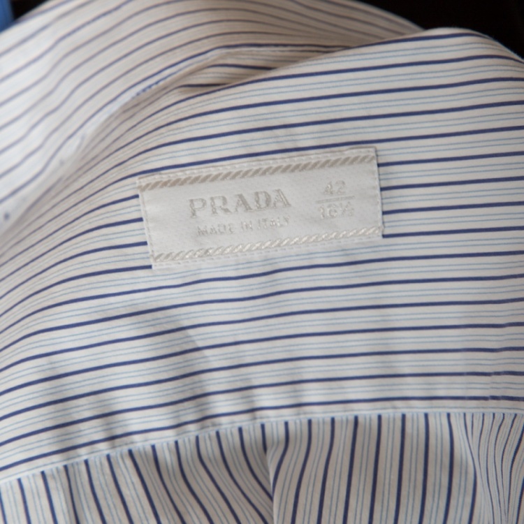 Pre Owned Prada White and Blue Striped Button Front Long Sleeve Shirt XL